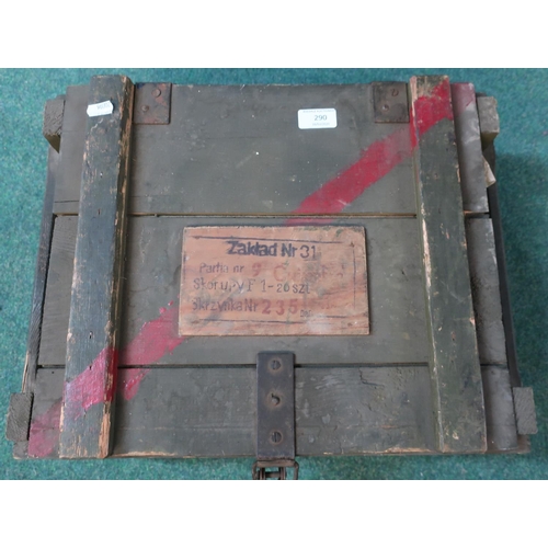 290 - Wooden military equipment packing case, with plaque (49cm x 36cm x 19cm)