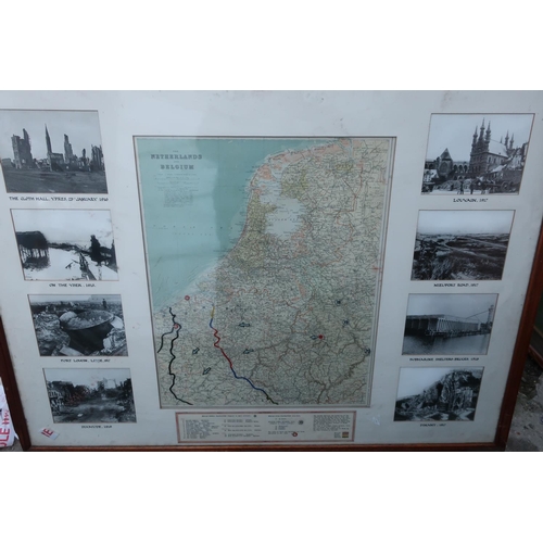 296 - Large mahogany cased double sided display relating to WWI, including various photographic prints, ma... 