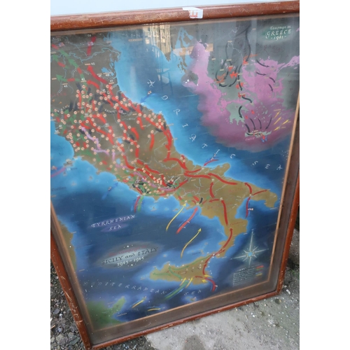 304 - Mahogany cased wall display map of campaigns and operations in Sicily and Italy 1943 - 1945, Greece ... 