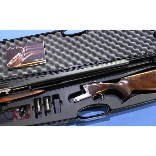 901 - Cased Akkar Triple Crown 20 bore triple barrel shotgun with 26 inch multi-choke barrels, single trig... 