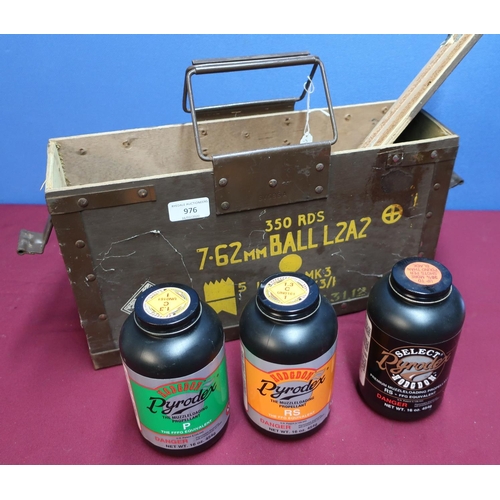 976 - 7.62 L2A2 wooden ammunition box and 2 1/2 tins of Hodgson Pyrodex Muzzle Loading Repellent RS (certi... 