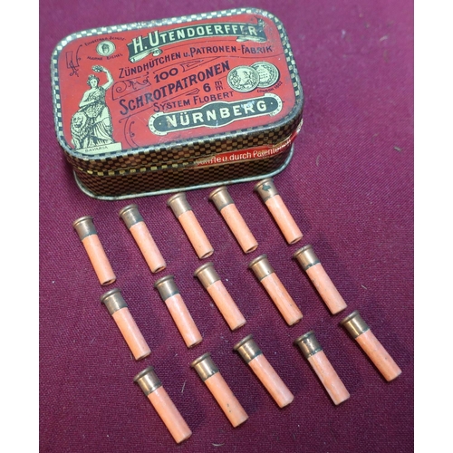 977 - Metal tin for 6MM Nurnbeg H.Utbndoerffer shotgun cartridges containing approximately 40 6MM paper ca... 