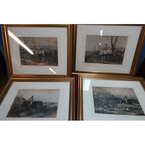 483 - Set of four framed & mounted coloured hunting prints and two pairs of similar pictures (8)