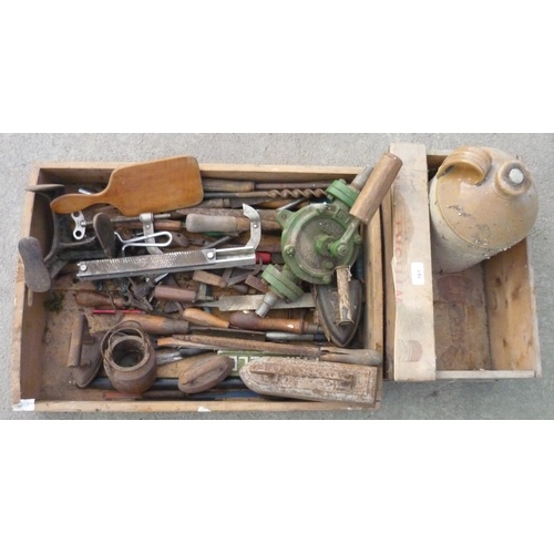 161 - Wooden box containing a large amount of vintage tools, including files, flat irons, drills, cobblers... 