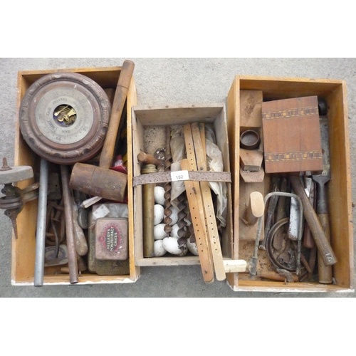 162 - Three boxes containing a large quantity of tools including drills, chisels, wood planes, mallets, kn... 
