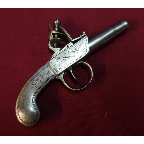 268 - 18th/19th C all steel bodied flint lock pocket pistol, with 1 1/4 inch turn off rifle canon barrel, ... 