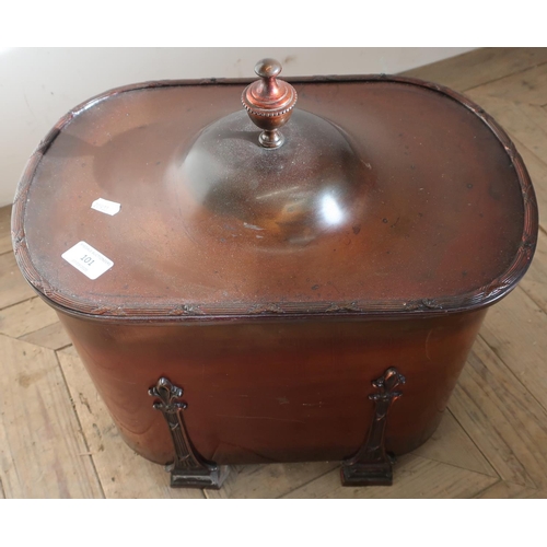 101 - Oval copper coal bin with lift off lid, crested with regency style urn with twin carrying handles, c... 