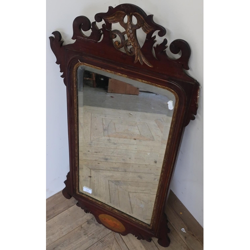 112 - Regency style mahogany framed wall mirror with carved and inlaid detail with a gilt figure of a bird... 