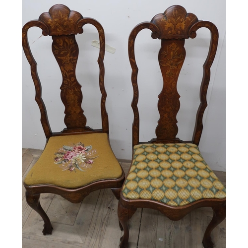 117 - Pair of early 19th C Dutch style walnut marquetry inlaid pair of chairs with drop in wool work seats... 