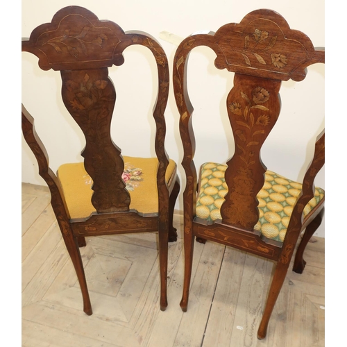 117 - Pair of early 19th C Dutch style walnut marquetry inlaid pair of chairs with drop in wool work seats... 