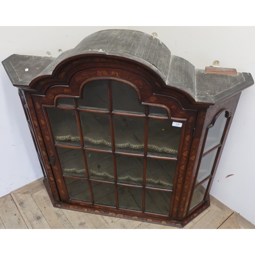 118 - 19th C Dutch style marquetry inlaid wall cabinet with arched top with two internal shelves enclosed ... 