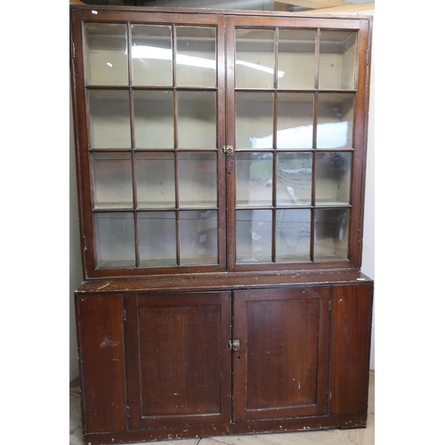 119 - Late Victorian stained pine cabinet with upper three tier section enclosed by two glazed cupboard do... 