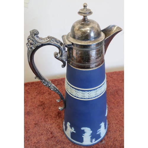 16 - Wedgwood Blue Jasperware claret style jug with hinged top (height 29cm)