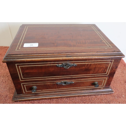 20 - Mahogany inlaid two drawer table box on stepped base (33.5cm x 26cm x 16cm)