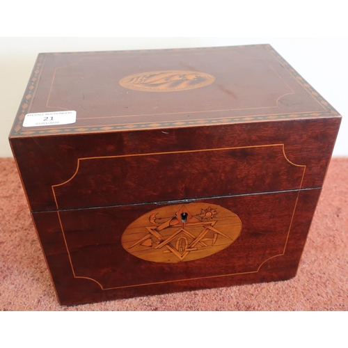21 - Mahogany inlaid masonic table box with hinged top  and twin carrying handles, the front with inlaid ... 