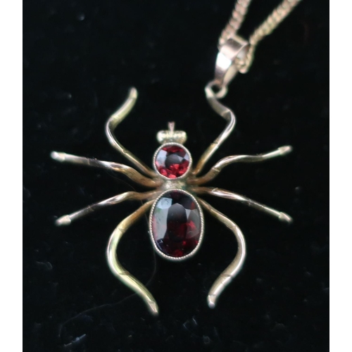 42 - 9ct gold and garnet spider pendant and chain