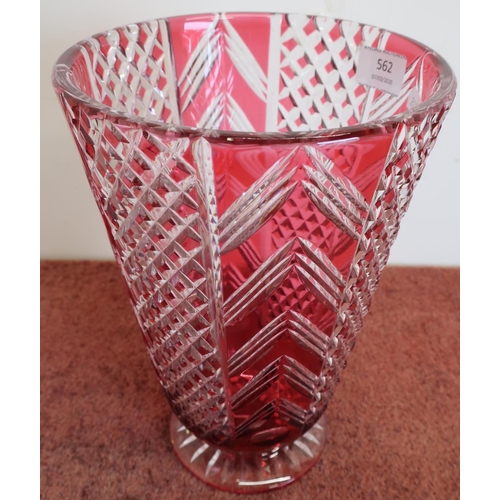 562 - Large cut glass ruby overlay vase (height 27.5cm)