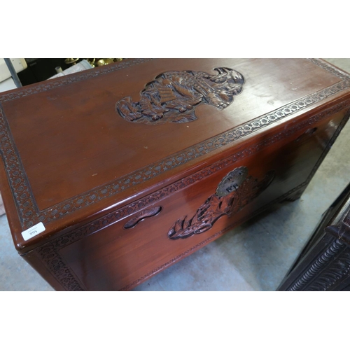 566 - Chinese hardwood blanket box with carved detail and hinged lid (104.5cm x 52cm x 59cm)