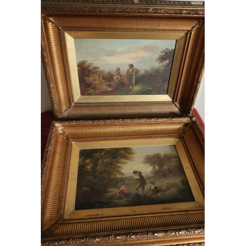 76 - Pair of heavy gilt framed oil on canvas paintings of figures in landscape scenes signed Barelay (65c... 