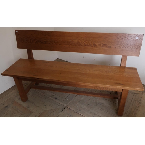 85 - Yorkshire oak style light oak bench with planked seat and back and H shaped under stretcher (width 1... 