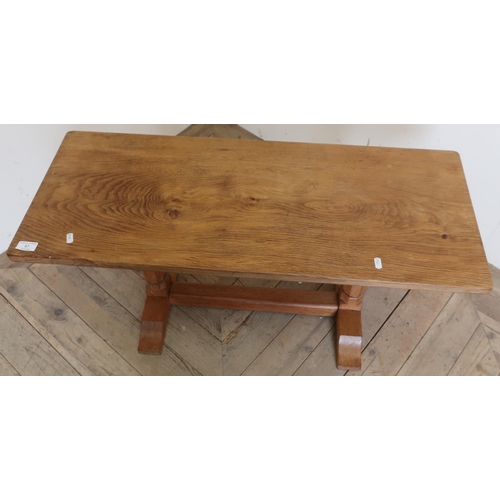 87 - Rectangular Yorkshire oak (squirrel man) rectangular coffee table with abst top and twin columned su... 