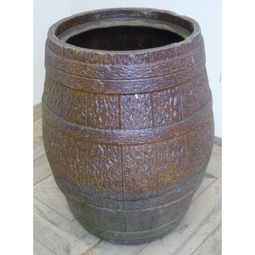 26 - Earthen ware brown glazed planter in the form of a barrel (with crack)(height 50cm)