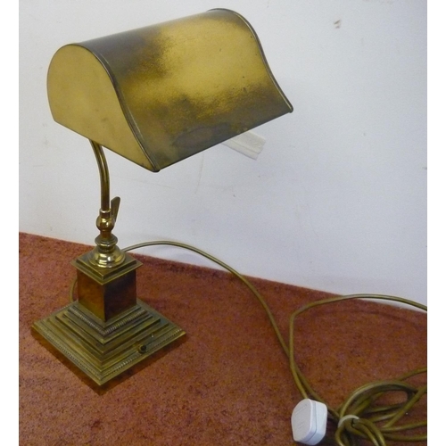 93 - Quality reproduction brass desk lamp with shade and stepped square base (height 44cm)