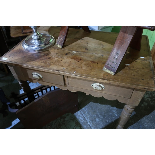 557 - Victorian pine two drawer side table on turned supports (106cm x 66cm x 76cm)