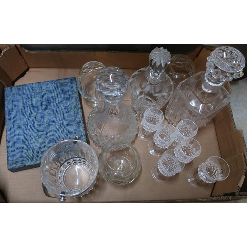 564 - Selection of glassware including set of six sherry type glasses, three glass decanters, brandy glass... 