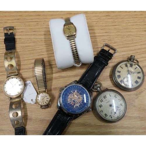 587 - Ladies Omega Deville wristwatch, lacking winding crown (A/F), two pocket watches and other gents wat... 