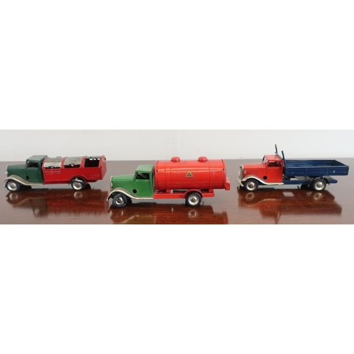 5 - Three tri-ang minic tinplate clockwork vehicles, including dust cart, tanker and flat bed truck (3)