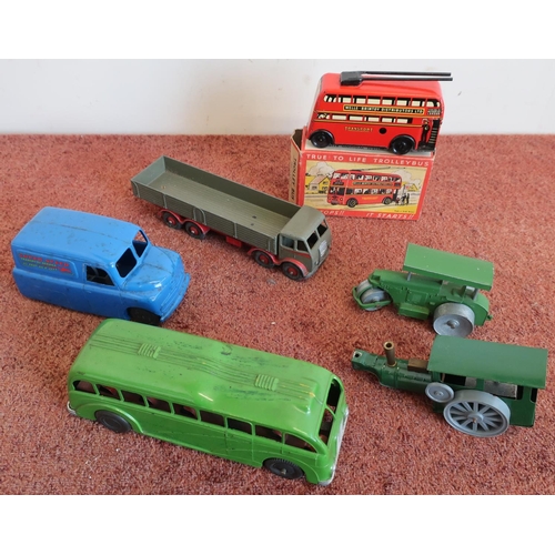 13 - Boxed Wells tin plate clockwork trolley bus, Mettoy bus, Dinky Foden flatbed truck etc