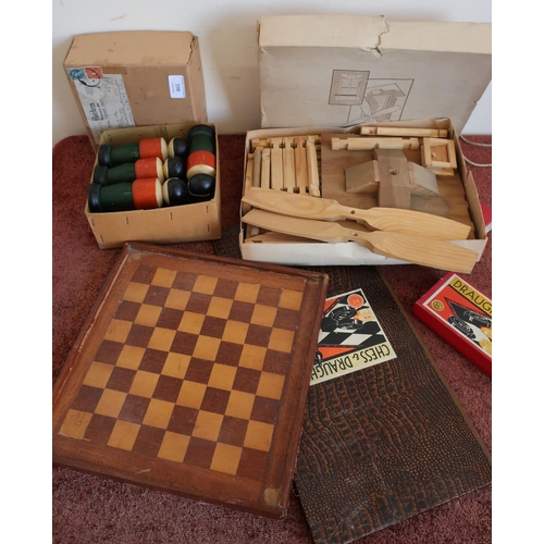 598 - Selection of various vintage toys and games including chess board, draughts set, skittle set, wood m... 