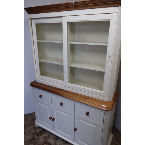 553 - Modern pine and cream painted dresser with two glazed sliding doors above three paneled cupboard dra... 