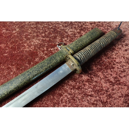46 - Japanese Samurai type sword with 28 1/2 inch slightly curved blade with traces of engraved detail, r... 