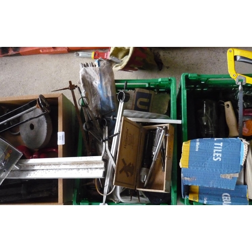 102 - Three boxes containing a large collection of tools including screws, nails, calipers, gauges, etc