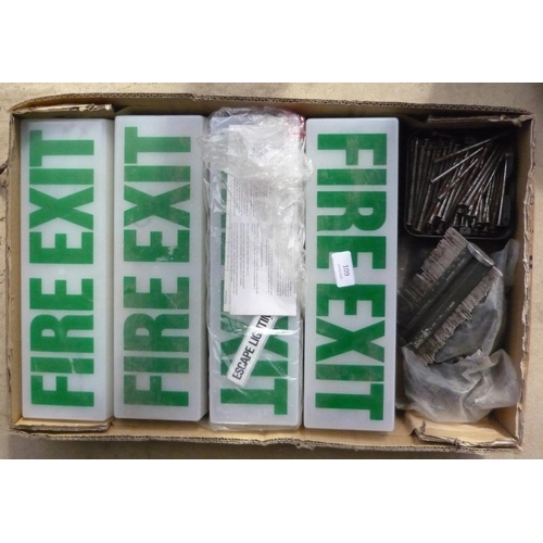 109 - Box containing four as new fire exit lights and a box of nails