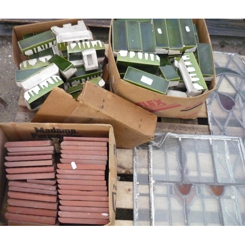 177 - Large collection of plain terracotta tiles and two boxes of green coloured tiles