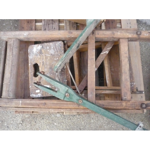 188 - Set of wooden stepladders, a wooden scooter without wheels and a saw horse