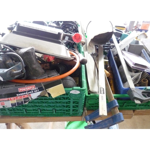 47 - Two boxes containing large quantity of tools including sanders, buffers, heat lamps, g clamps