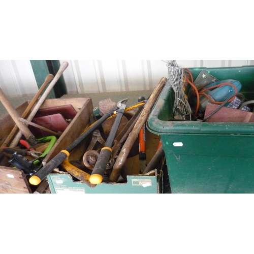 49 - Three boxes containing a large amount of tools including axes, sledgehammers, saws, drills, tree pru... 