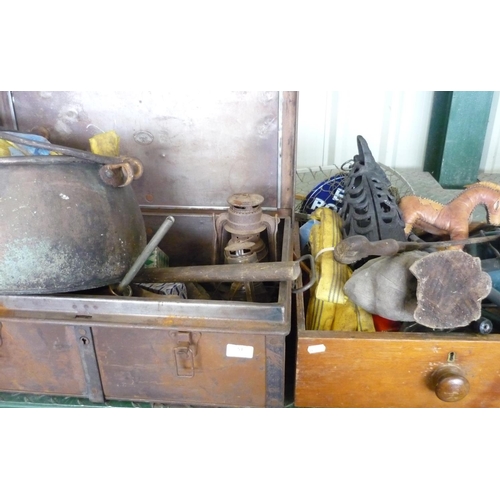 51 - Tin trunk and box containing large amount of tools, garden ornaments, tilley lamps, copper pot etc