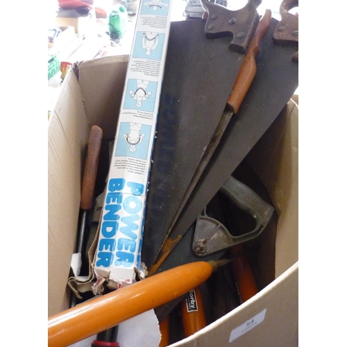 54 - Box containing a quantity of tools including saws, woodturning chisels