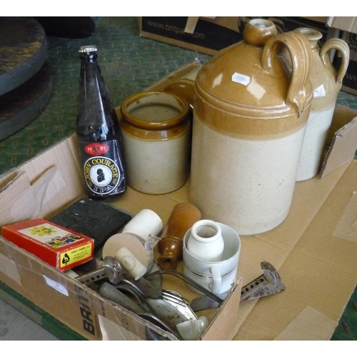 9 - Box containing a quantity of items including earthenware jugs, pots, tarot cards, IPA beer bottle et... 