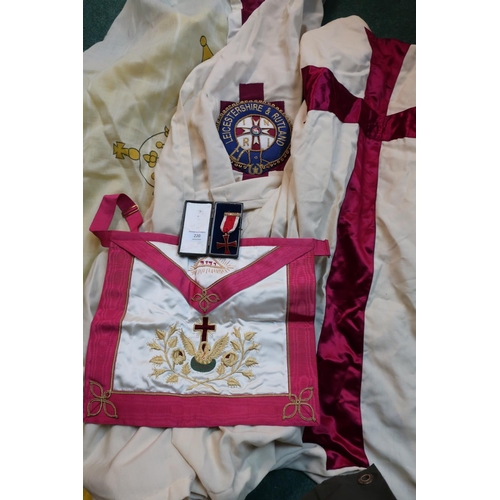 133 - Cased Birmingham silver hallmarked and enamel Knight Templar's cross, associated Masonic apron, two ... 