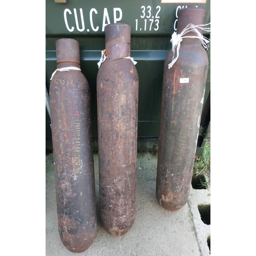 142 - Three large metal bottle canisters with regulator tops and screw off lids, possibly submarine blow t... 