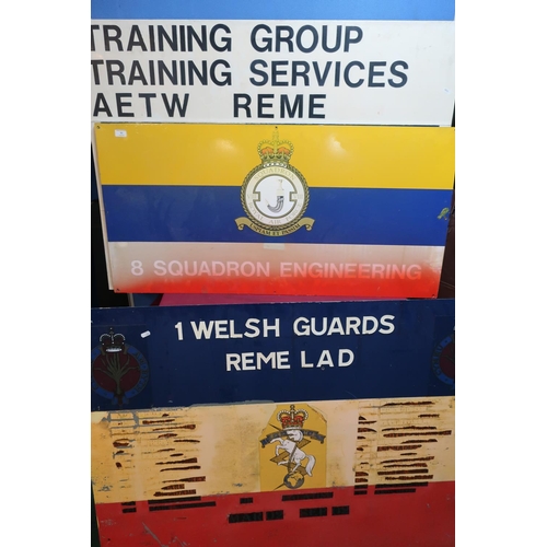 148 - Three military boards including metal sign for One Welsh Guards Reme Lad, another for Training Group... 