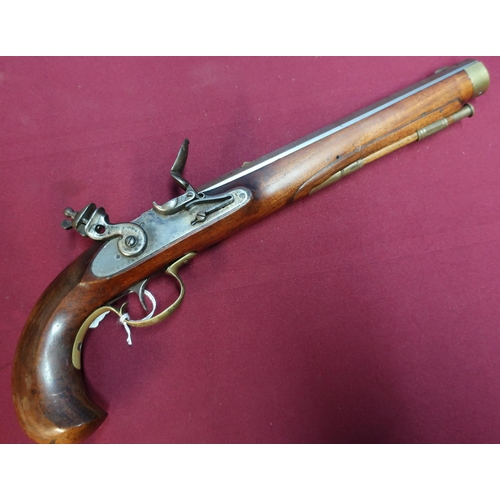 108 - Flintlock pistol with 10 1/4 inch heavy octagonal barrel with brass inset fore and aft sights, walnu... 