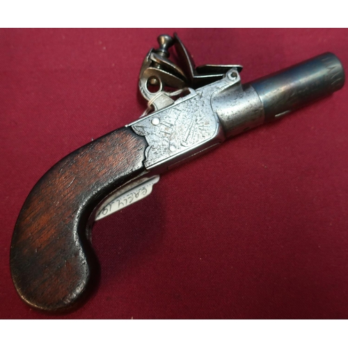 110 - Early 19th C flintlock pocket pistol with 1 1/2 inch turn off barrel, various proof marks and foldin... 