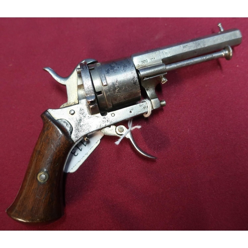 113 - Belgium 7mm pinfire 6 shot revolver with 3 inch octagonal barrel, two piece wooden grips and folding... 